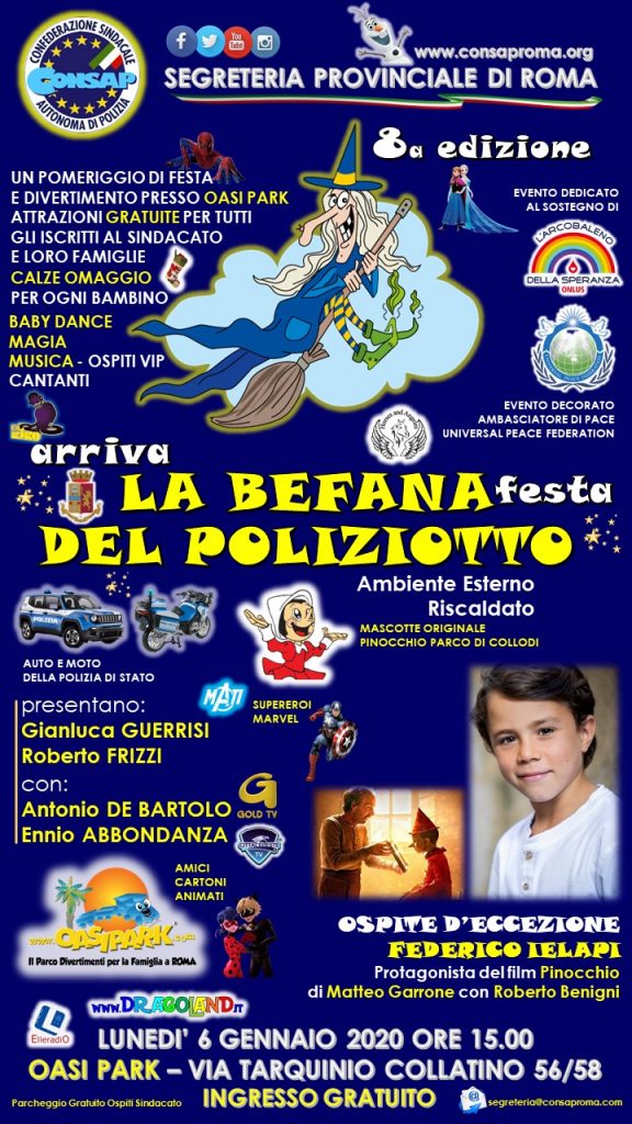 ARRIVA LA BEFANA – FESTA DEL POLIZIOTTO CONSAP – 8A EDIZIONE – 6 GENNAIO 2020 ORE 15.00 - OSPITE D'ECCEZIONE FEDERICO IELAPI
