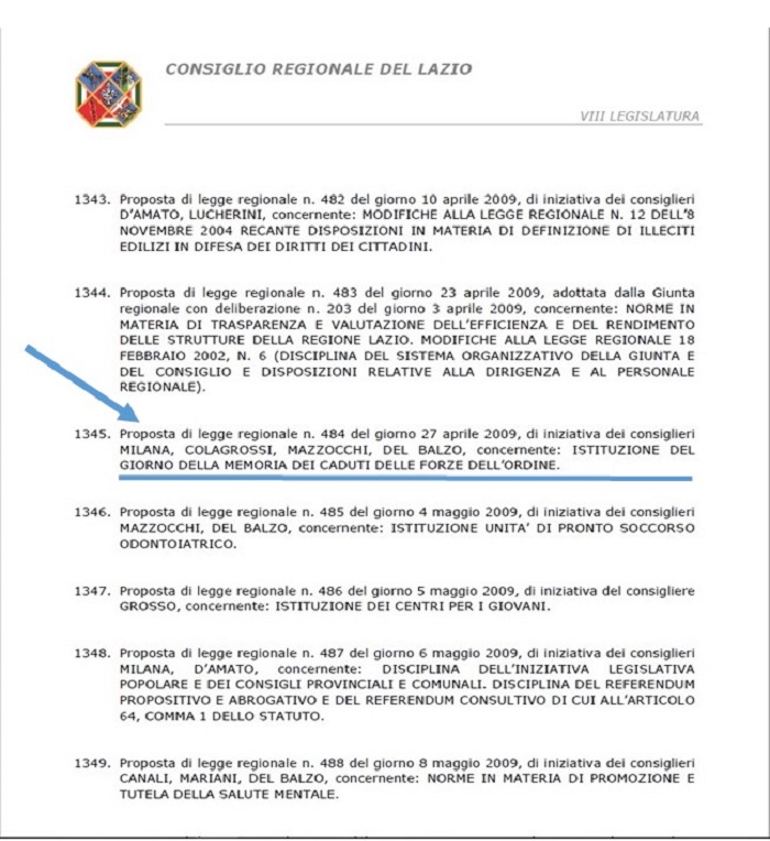 Proposta Legge Regionale Lazio Giornata Caduti Forze Ordine N. 484 del 27 Aprile 2009